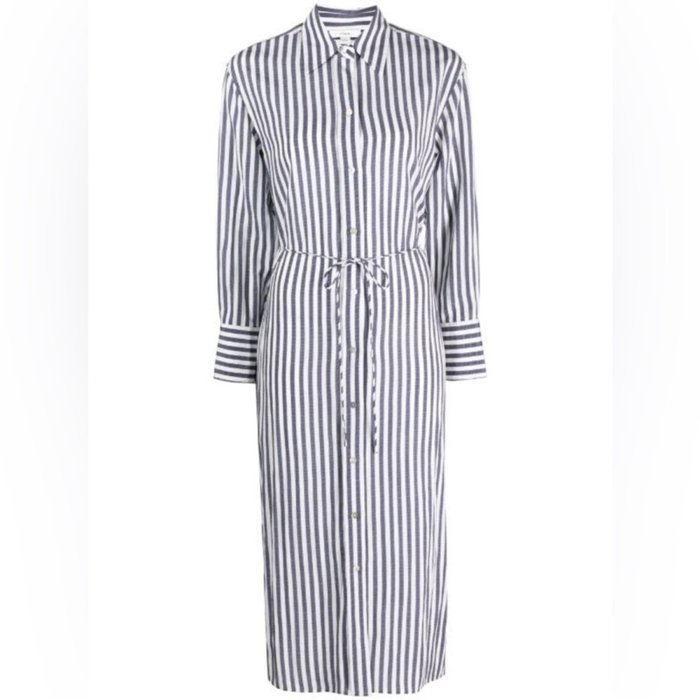 Vince Navy Blue Striped Belted Midi Shirt Dress Size M Coastal Grandma Nautical
